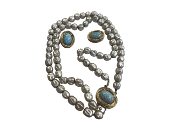 Simulated Metallic Pearl Double Strand Choker/collar Necklace And Matching Turquoise Bird Nest Earrings