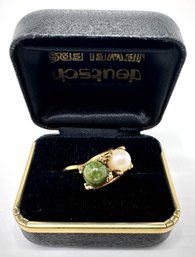 10K Gold Filled Ring With Pearl & Jade, Size 6.5