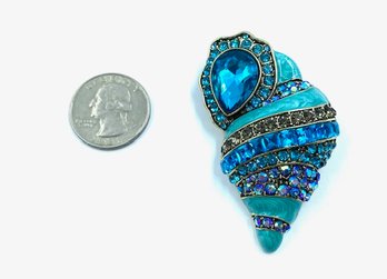 Large Aqua/teal Rhinestone Encrusted Seashell/conch Brooch