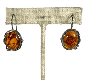 Fine Sterling Silver And Genuine Amber Pierced Earrings Drop Pendants