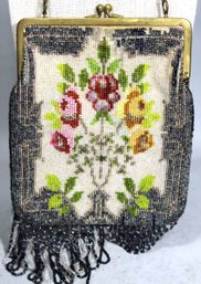Victorian Glass Beaded Purse Evening Bag W Flowers (missing Fringe)