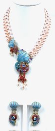 Sensational Pink Faux Pearl W/ Rhinestone Encrusted Seashell Motif Necklace & Earring Set