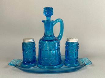 Antique Bellaire Goblet Company 'Stars & Bars' Ice Blue Cruet & Salt-Pepper Condiment Set With Tray