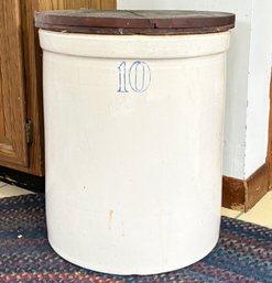 An Antique 10 Gallon Crock - Wood Lid