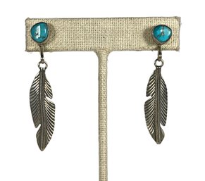 Sterling Silver Southwestern Turquoise Feather Pierced Earrings