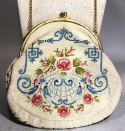 Antique French Glass Beaded And Embroidered Victorian Purse W Flowers