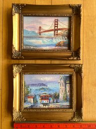 2 Signed Original Paintings On Masonite Landscape Golden Gate Bridge And San Francisco Trolley 9x7 Framed