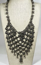 Designer Dull Silver Tone Bib Necklace