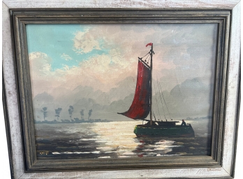 Vintage Original Oil Painting - Boat With Red Sail On Shoreline