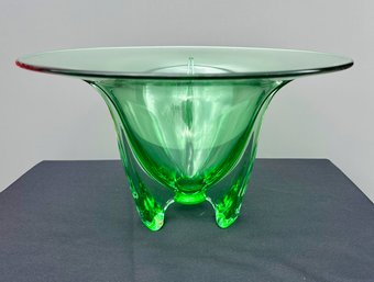 Green Glass Bowl On Three Feet