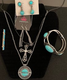 Vintage Jewelry Lot 3 - Silver Tone - Turquoise Color - Necklace - Bracelet - Earrings - Pin - Cross Necklace