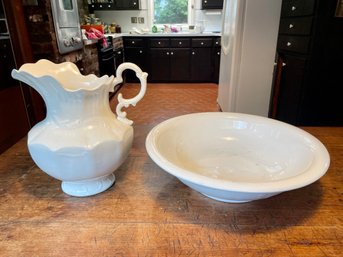 Vintage Ironstone Wash Basin & Scalloped Pitcher From US Pottery, Wellsville, OH