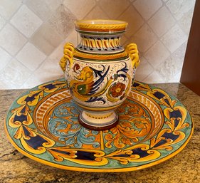 Italian Deruta Pottery Platter & Vase Duo