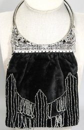 Edwardian Period Velvet Beaded And Filigree Silver Plated Handle Evening Bag Purse