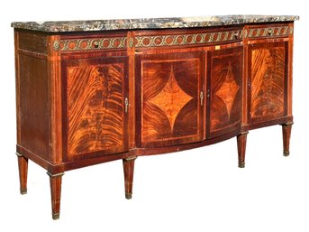 An Antique Marble Top Credenza In Paneled Burl Wood