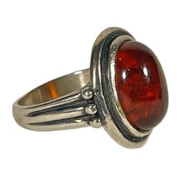 Fine Sterling Silver Genuine Amber Ring About Size 7