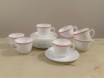 Vintage French Arcopal Demitasse Cups And Saucers White Swirl W/ Red Pinstripe