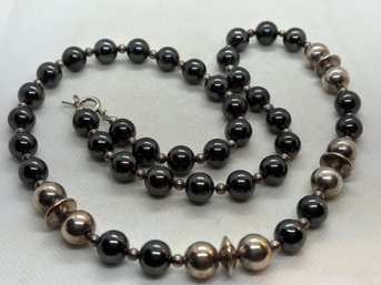 HUGE Sterling Silver And Hematite Bead Necklace- Over 4 Ounces In Weight