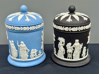 Two Wedgwood Covered Jars - Blue And Black