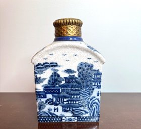 Blue And White Chinese Porcelain Tea Caddy With Pagoda Motif