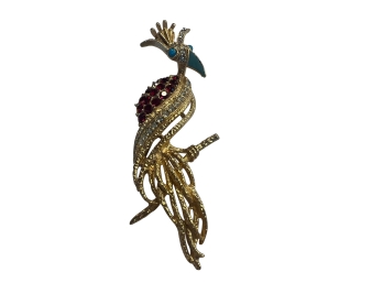 Florenza Vintage 30s Jeweled Peacock Pin With Gold Finish