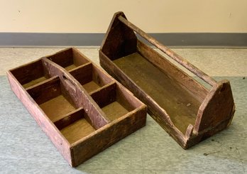 Vintage Wood Tool Caddy With Handles & Wood Box With 6 Compartments (T)