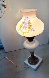 Glass Table Lamp With Painted Glass Shade - Works!
