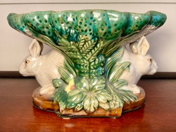 Mid Century Majolica Bunny Pedestal Bowl