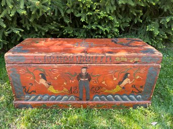 Rustic Hand Painted Wooden Trunk With Rope Handles And Iron Hinges 34'L
