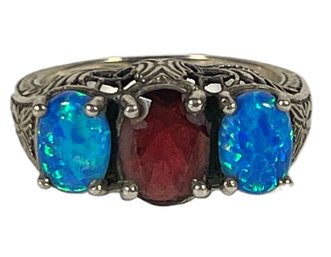 Fine Sterling Silver Filigree Setting Opal And Garnet Stone Ring About Size 6