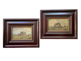 Antique Signed Pair Of Haying Scenes Paintings - Oil On Board