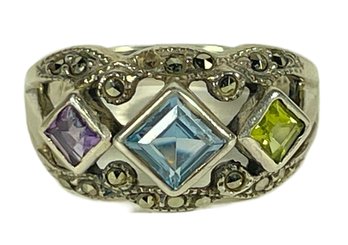 Sterling Silver Fashion Ring Having Amethyst, Peridot And Topaz About Size 7