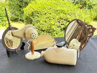 Vintage Lot Of 1950's Self Care Items Including Green King Electric Hair Dryer & Green Wood Handled Curl Iron