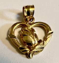 14K GOLD HEART WITH ROSE PENDANT OR CHARM