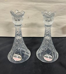 Set Of Two Beautiful DePlomb Lead Crystal Candlestick Holders Made In USA.  DS - CVBC