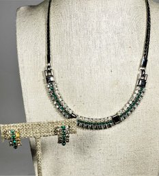 Vintage Silver Tone Green Rhinestone Choker Necklace With Similar Green Rhinestone Earrings`