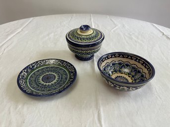 Three Vintage Hand Painted Signed Uzbek Pottery