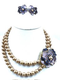 Gorgeous Champagne Faux Pearl & Purple Rhinestone & Enamel Floral Asymmetrical Pendant Necklace & Earrings