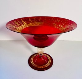 Beautiful Ruby Red Crystal Compote With Painted Gilt