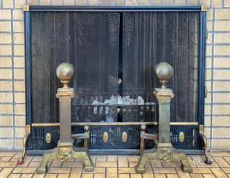 A Pair Of Vintage Brass Andirons And A Fireplace Screen