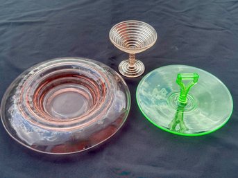 Depression Glass - Green Vaseline Cookie Plate, Pink Low Bowl, Ribbed Candy Dish