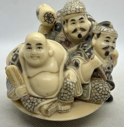 Carved Chinese Statue Of The Immortals Buddha, Daikoku And Ebisu- Artist Signed