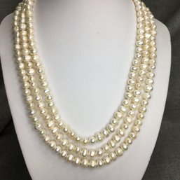 Gorgeous Triple Strand Genuine Cultured Baroque Pearl Necklace With 925 / Sterling Silver Clasp - 17' Long