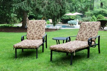 2 Black Aluminum  Slat Lounge Chairs With Ecru Brown Acanthus Leaf Cushions And Basketweave End Table