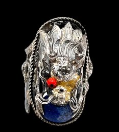 Vintage Boho Sterling Silver Epic Dragon Coral Ring, Size 8.75