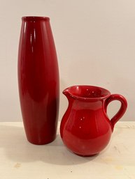 Vintage Pottery, Red Pitcher Italy & Amano Torpedo Vase Germany