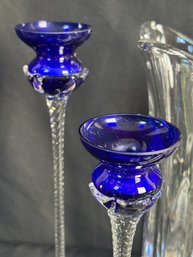 Romanian Cobalt & Clear Hand Blown Candlesticks (2)