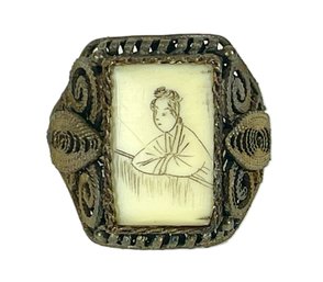 Antique Chinese Export Scrimshaw Silver Ring With Bone Geisha