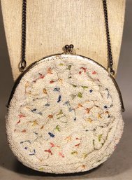 Vintage Micro Glass Beaded Purse Evening Bag White W Small Flowers