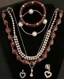 Vintage Jewelry Lot 5 - Brown Plastic Silver Tone Rhinestone Pearls - Necklaces Bracelets Pendants